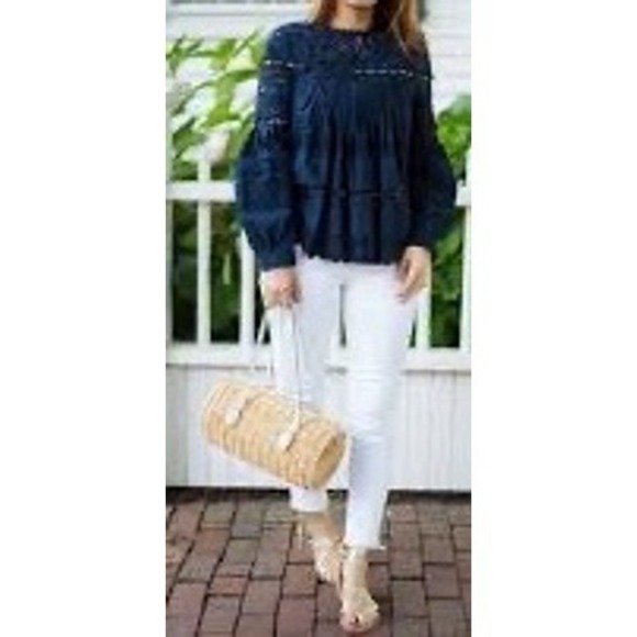 Sea New York Navy Lace Trimmed Cotton Eyelet Boho Blouse Top Size 10 - Picture 2 of 10